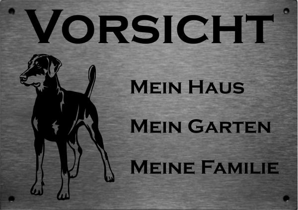 Edelstahl Warnschild Dobermann Pinscher VORSICHT Mein Haus mein Garten meine Familie